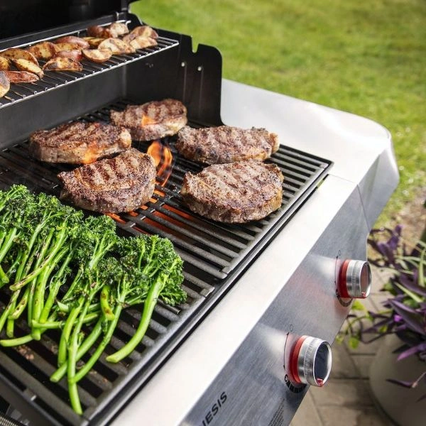 Bucati de carne, broccoli si cartofi pe gratar pe gaz Genesis E-315 Weber